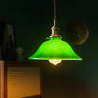 Banker-Style Glass Pendant Light with Brass Socket and Twisted Fabric Cord | TheKanta