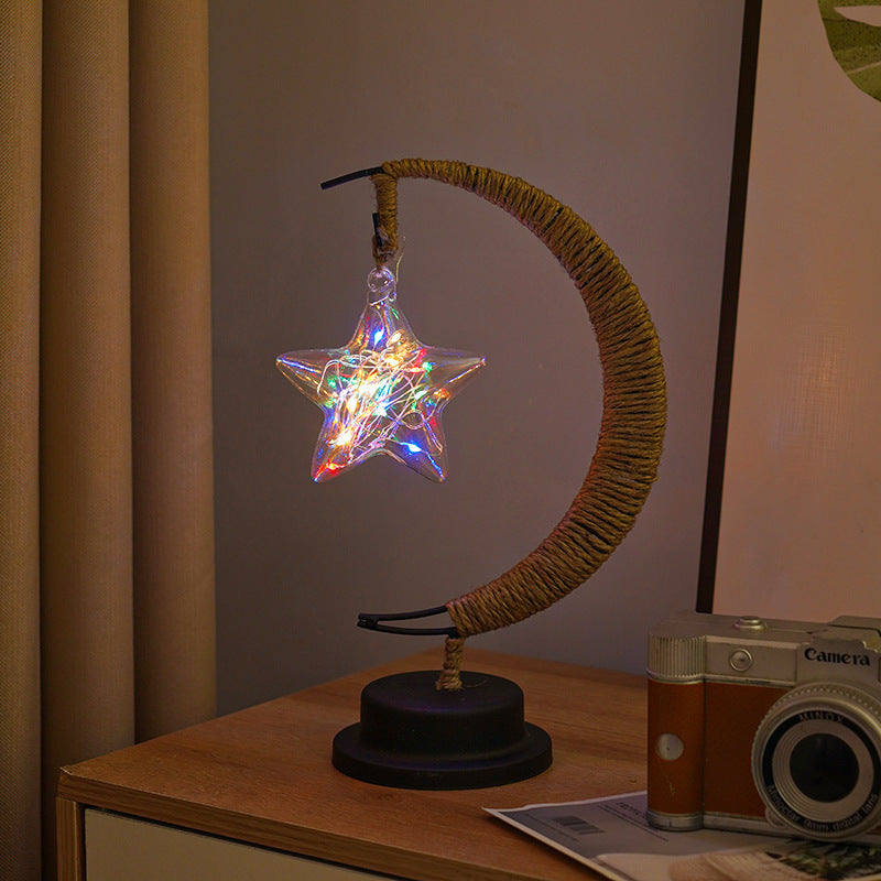 Decorative Glass Apple LED Table Lamp with Moon-Shaped Rope-Wrapped Stand | TheKanta