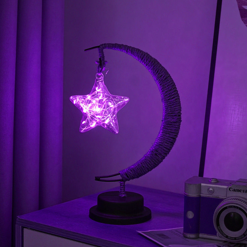 Decorative Glass Apple LED Table Lamp with Moon-Shaped Rope-Wrapped Stand | TheKanta