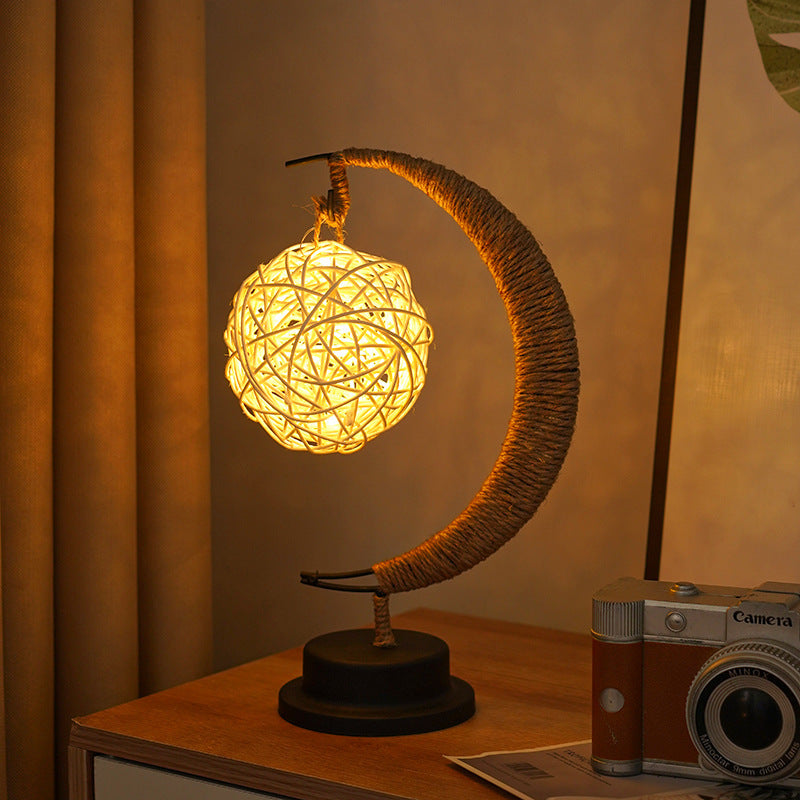 Decorative Glass Apple LED Table Lamp with Moon-Shaped Rope-Wrapped Stand | TheKanta