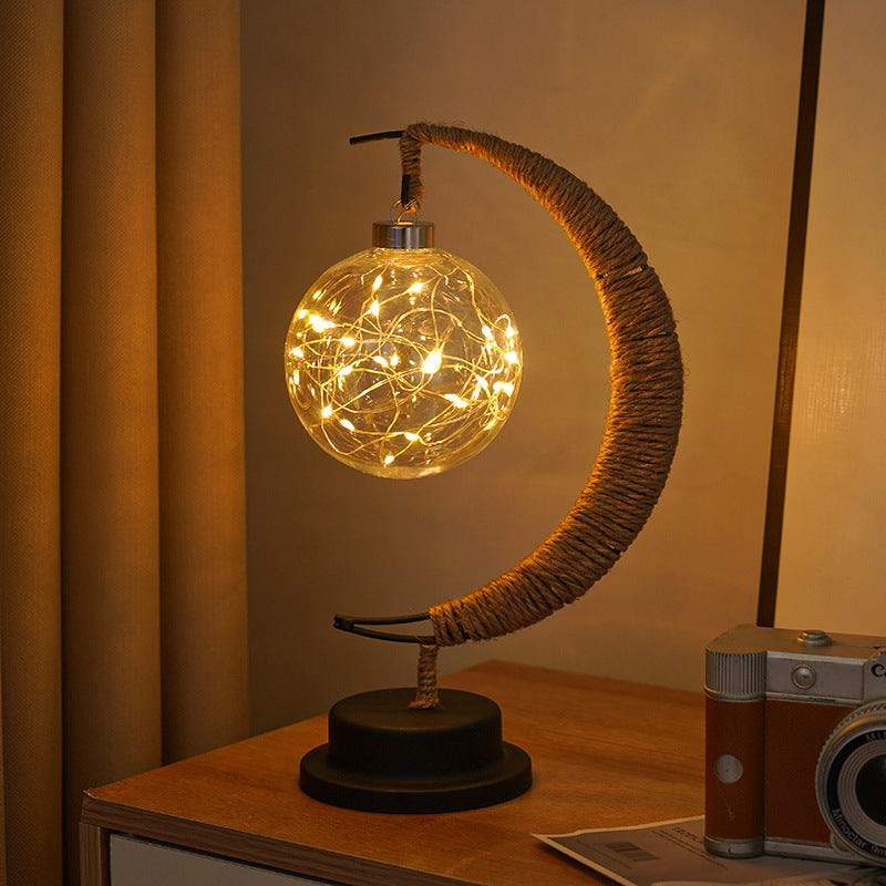 Decorative Glass Apple LED Table Lamp with Moon-Shaped Rope-Wrapped Stand | TheKanta
