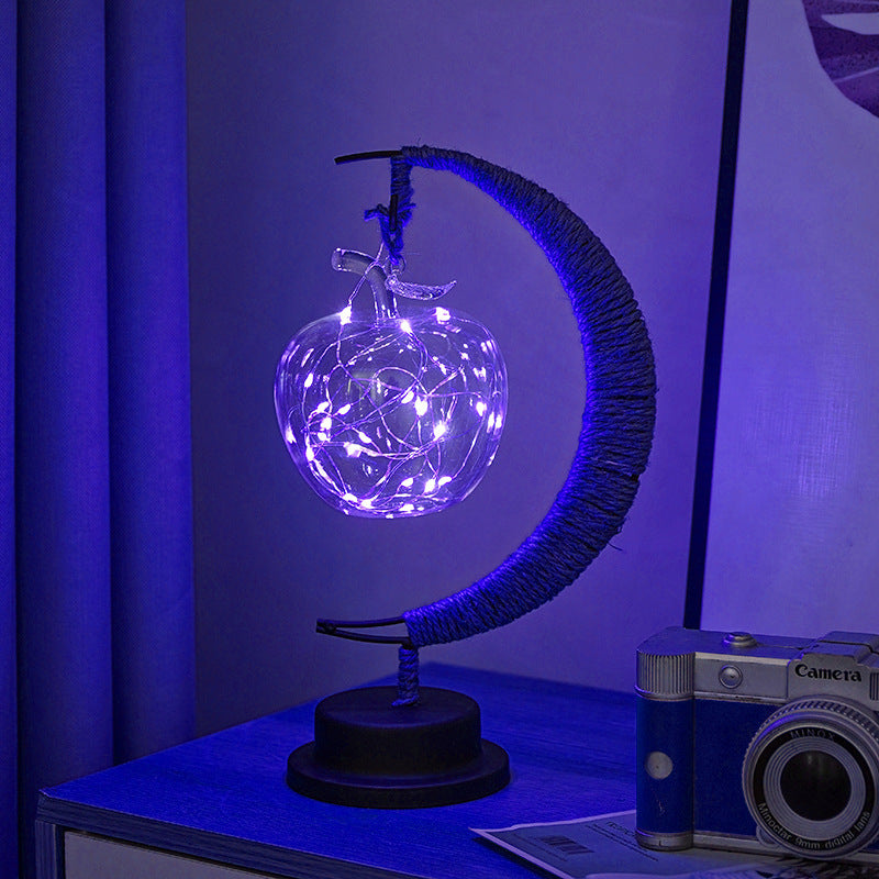 Decorative Glass Apple LED Table Lamp with Moon-Shaped Rope-Wrapped Stand | TheKanta