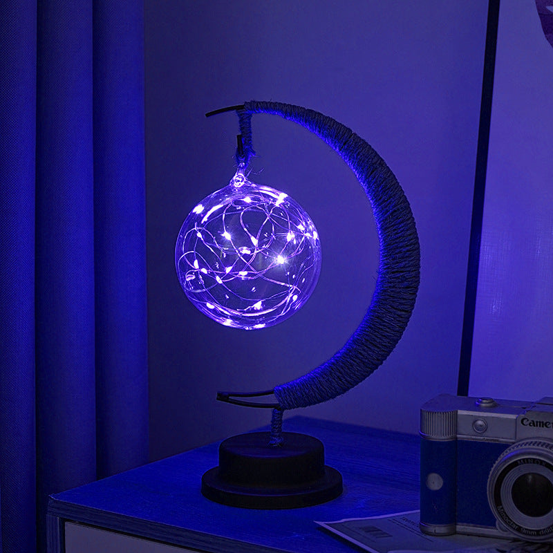 Decorative Glass Apple LED Table Lamp with Moon-Shaped Rope-Wrapped Stand | TheKanta