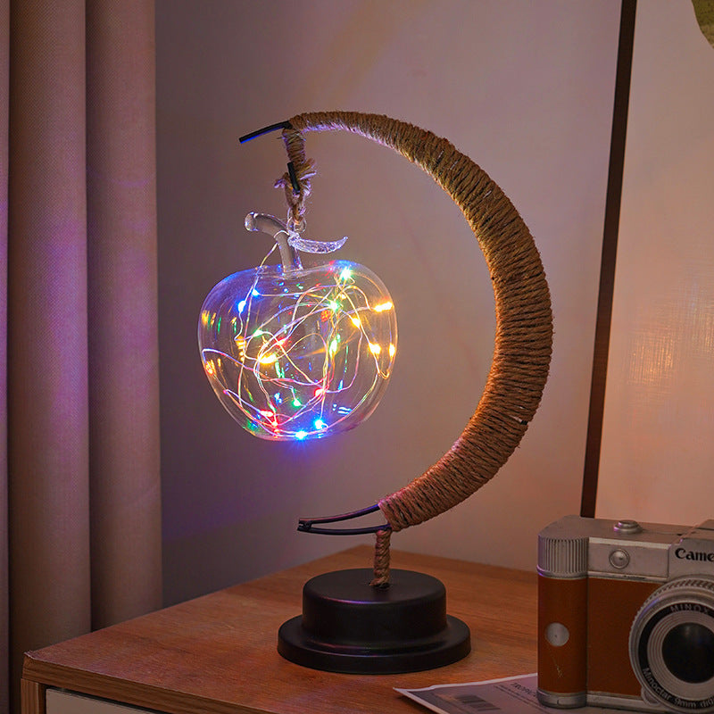 Decorative Glass Apple LED Table Lamp with Moon-Shaped Rope-Wrapped Stand | TheKanta