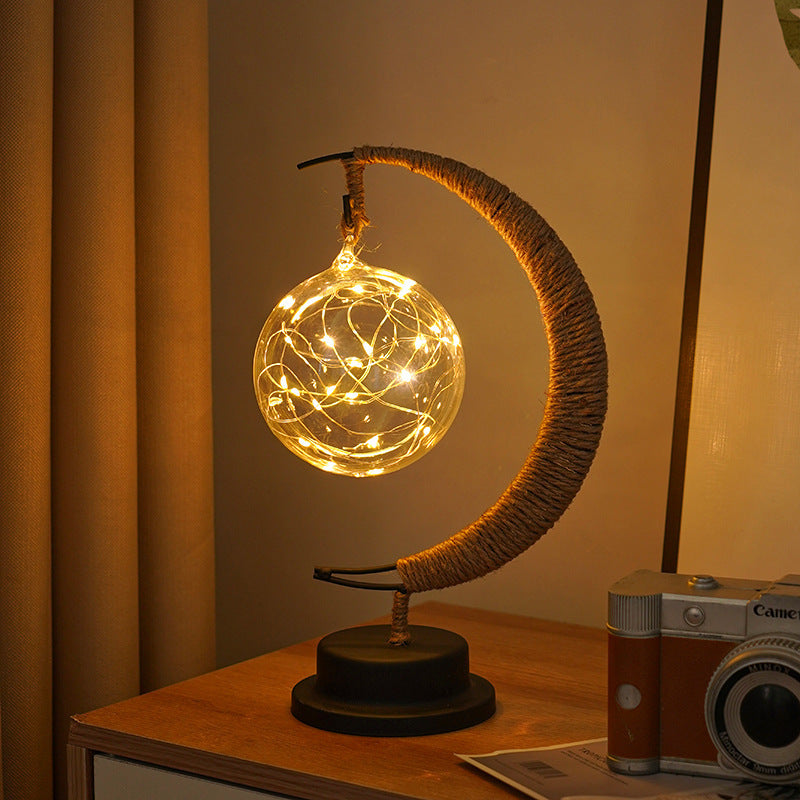 Decorative Glass Apple LED Table Lamp with Moon-Shaped Rope-Wrapped Stand | TheKanta
