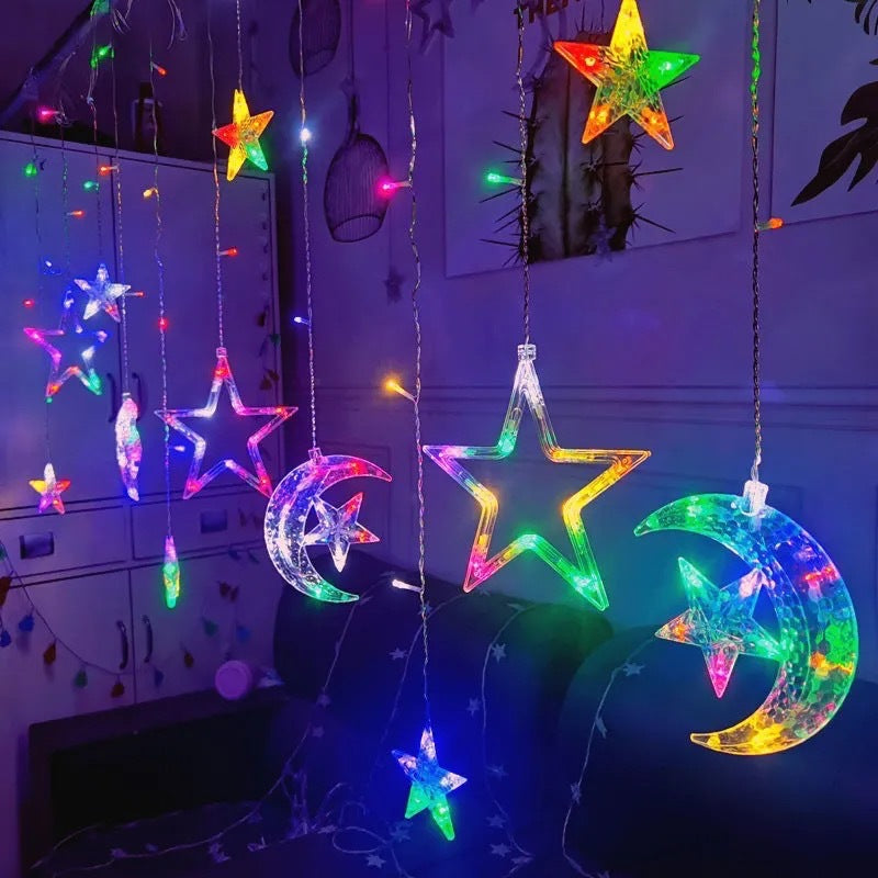 LED Acrylic Hanging Christmas Curtain Light Set with Reindeer Tree Bell and Star Ornaments | TheKanta