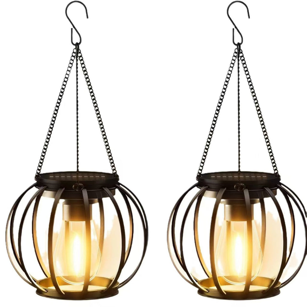 Outdoor Solar Hanging Lights in Metal Cage with Warm LED Candle Light | TheKanta