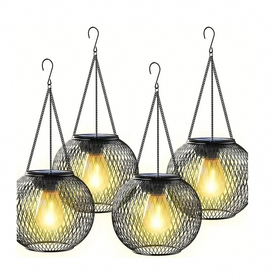 Outdoor Solar Hanging Lights in Metal Cage with Warm LED Candle Light | TheKanta