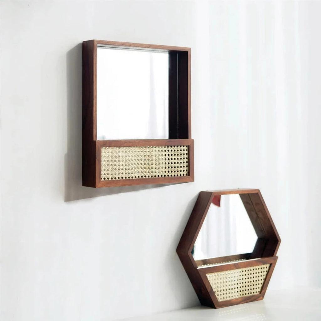 Rustic Wall Mirror with Natural Rattan Frame | TheKanta