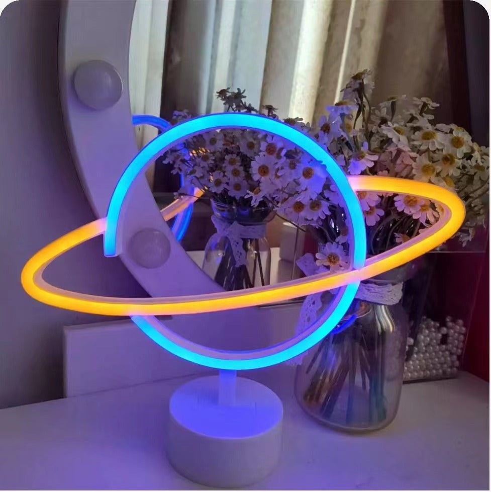 Saturn-Inspired LED Orb Table Lamp with Dual-Colored Neon Rings | TheKanta