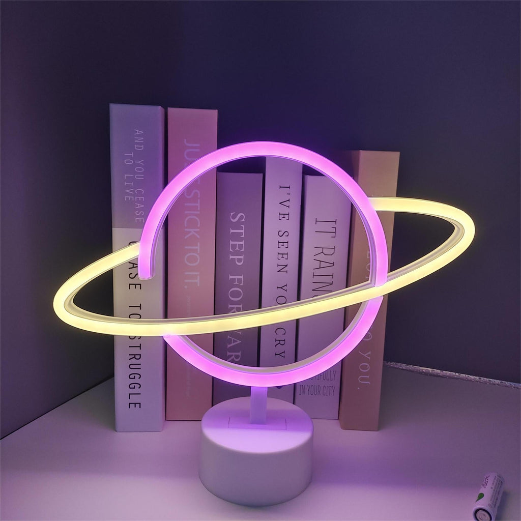 Saturn-Inspired LED Orb Table Lamp with Dual-Colored Neon Rings | TheKanta