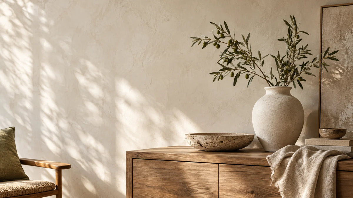 Sunlit interior with an oak console, pale ceramic vase, stone bowl and olive branches